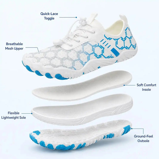 White barefoot shoe with blue hex-pattern outsole and included flexible insole.