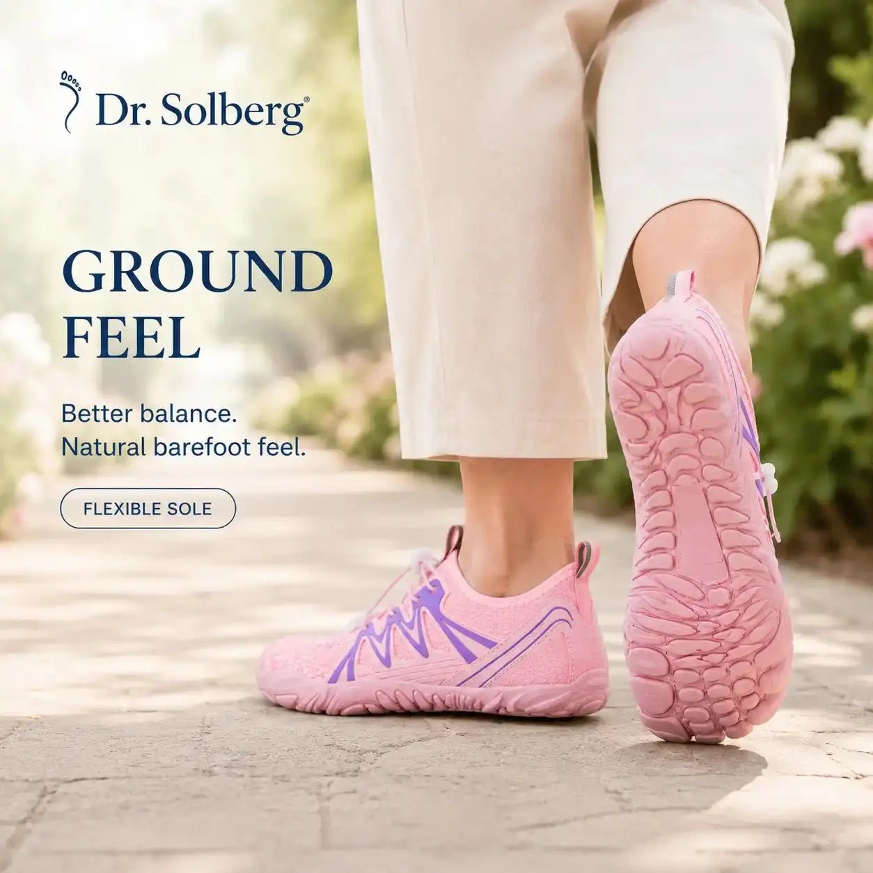 Pink barefoot shoe set with flexible sole and breathable upper worn on feet