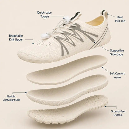 White anatomical barefoot shoe with knit upper, side cage, and soft comfort insole