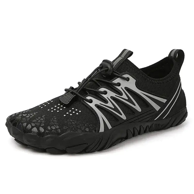 Black barefoot shoe with lace closure, perforated knit upper, and flexible sole