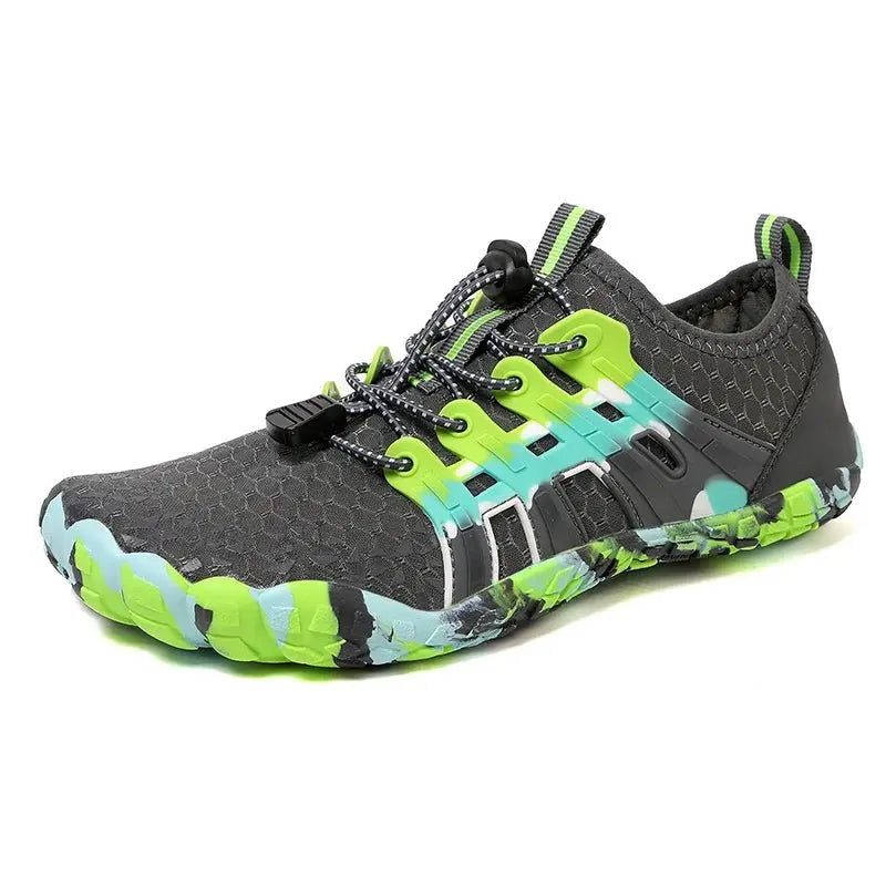 Gray and neon green barefoot sneaker with lace-up straps and grippy tread sole