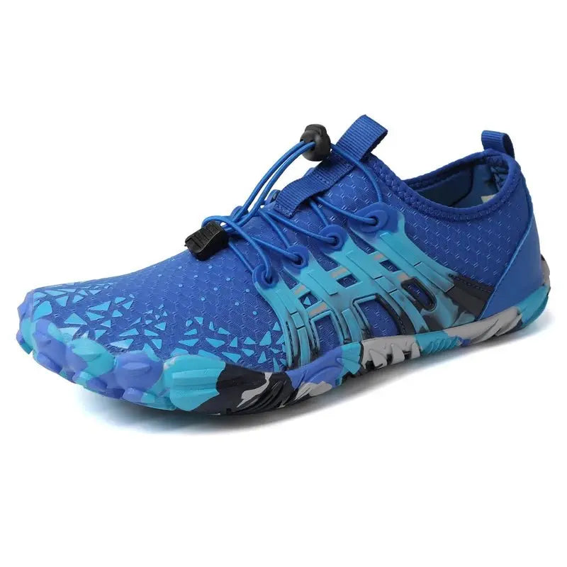 Blue barefoot sneaker with lace-up straps and textured grip sole with bold panels
