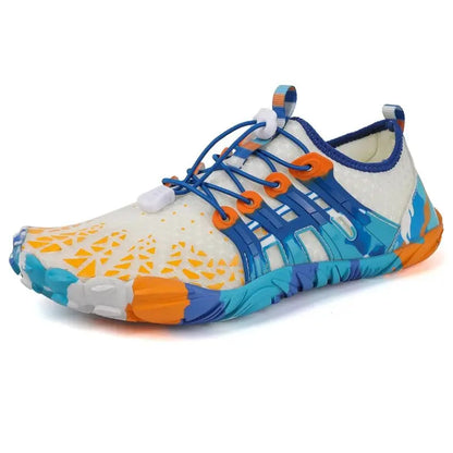 Light blue barefoot sneaker with lace-up closure, orange accents, and grippy tread sole