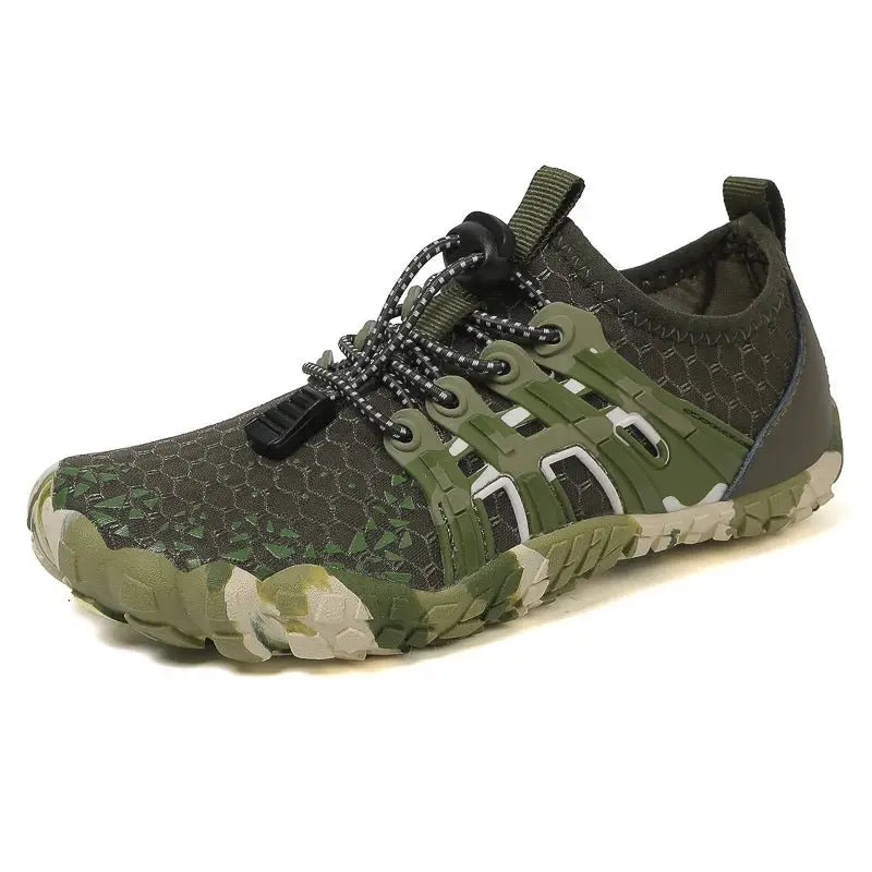 Dark green barefoot sneaker with lace-up closure and chunky textured grip sole