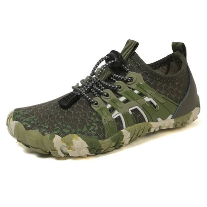 Dark green barefoot sneaker with lace-up closure and chunky textured grip sole