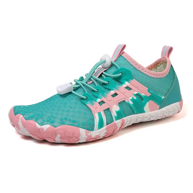 Teal and pink barefoot sneaker with lace-up closure and cushioned tread sole