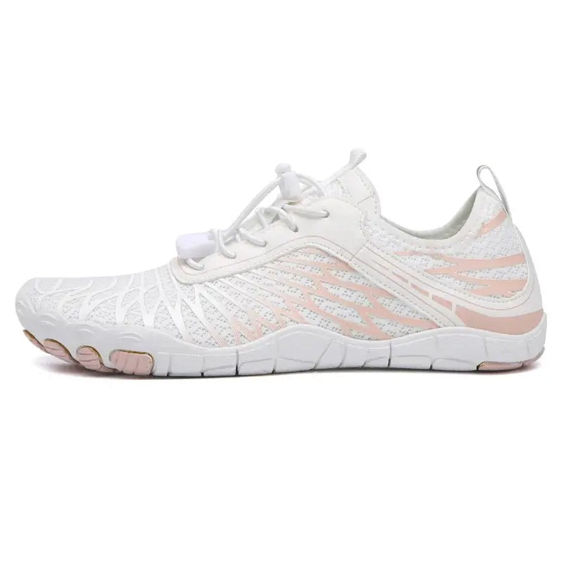 White mesh barefoot running shoe with lace-up closure and pastel stripe accents.