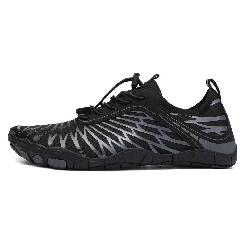 Black mesh barefoot running shoe with lace-up closure and cushioned traction sole.