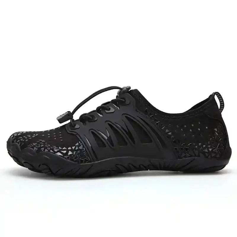 Black barefoot shoe with lace-up design, mesh-look upper, and grip sole.