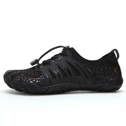 Black barefoot shoe with lace-up design, mesh-look upper, and grip sole.