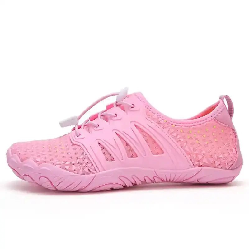 Pink barefoot shoe with lace-up knit upper and cushioned rubber outsole.
