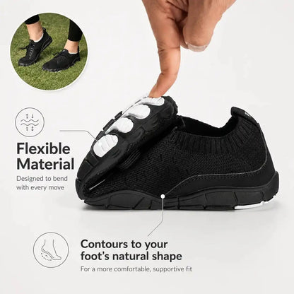 Black barefoot shoe with lace-up knit upper and textured rubber outsole.