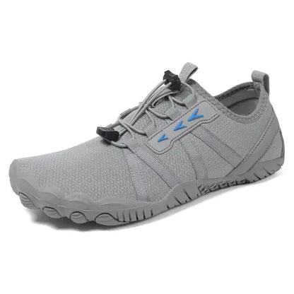 Unisex gray barefoot shoe with lace-up straps and grippy rubber outsole