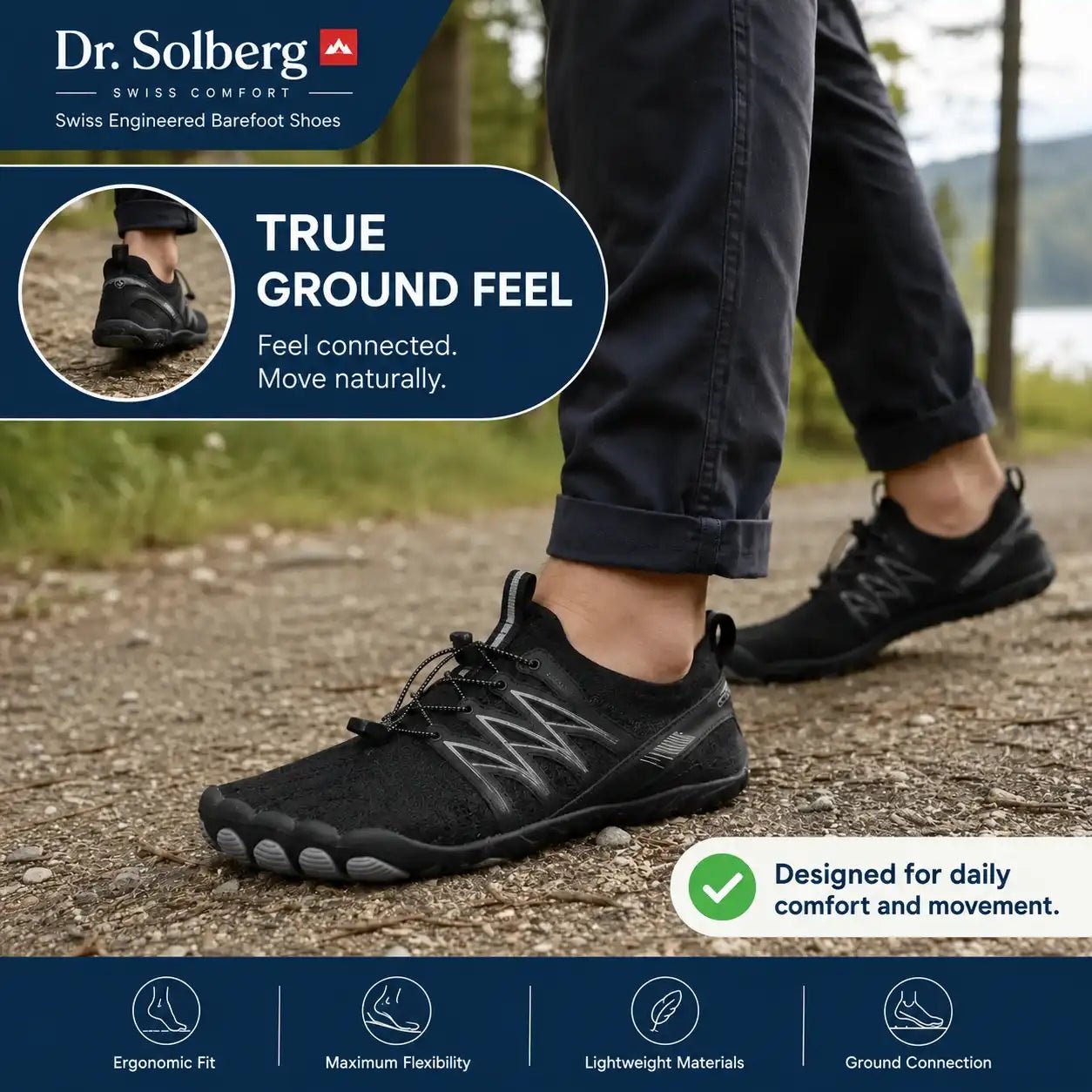 Black unisex barefoot shoe with textured rubber sole and lace-up upper, side view