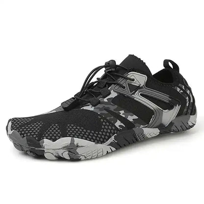 Black barefoot sneaker with camo-pattern upper and flexible grippy sole.