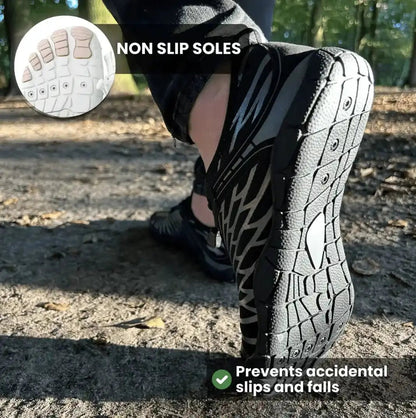 Black water-shoe style barefoot sneaker with textured non-slip outsole tread.