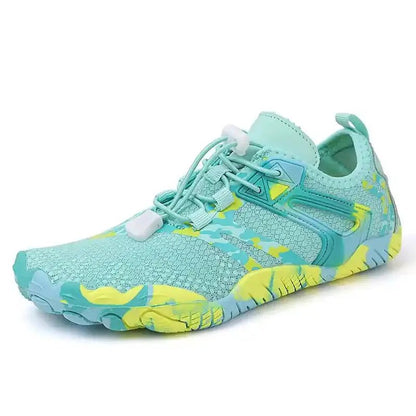 Aqua knit slip-on barefoot shoe with bright yellow-green accents and lace-up front.