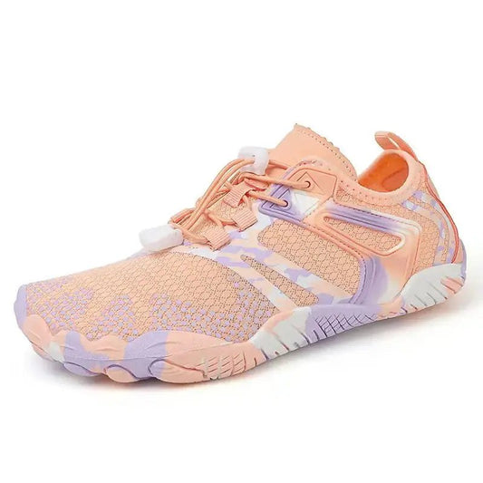 Peach and lavender barefoot sneaker with mesh upper and cushioned flexible sole.