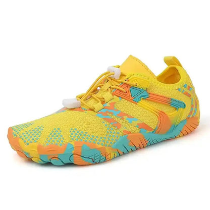 Yellow breathable slip-on barefoot shoe with blue and orange trim accents.