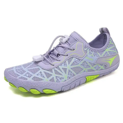 Unisex barefoot shoe in lavender with white geometric upper and lime green outsole.