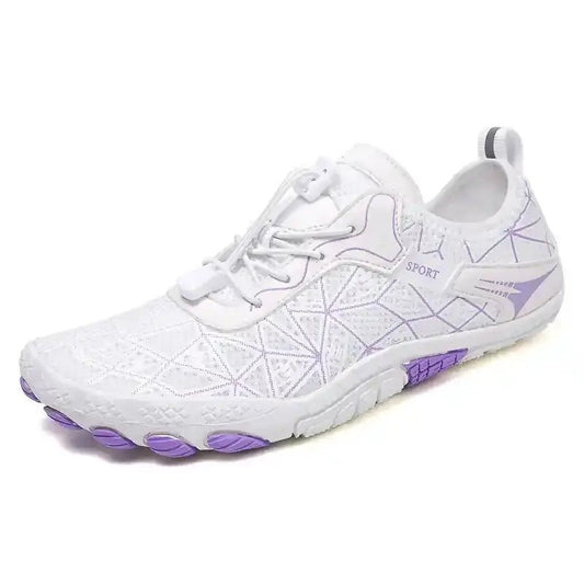 Unisex barefoot shoe in white with purple details and cushioned tread sole.