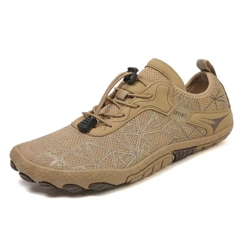 Unisex barefoot shoe in tan with rugged tread sole and lace-up closure.