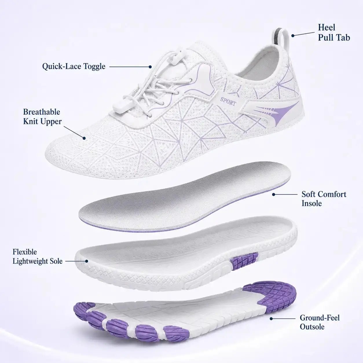 Unisex white barefoot shoe with purple trim, showing insole and outsole.