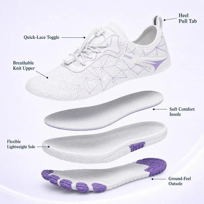 Unisex white barefoot shoe with purple trim, showing insole and outsole.
