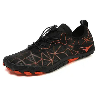 Unisex barefoot shoe in black with orange-red accents and grippy tread sole.