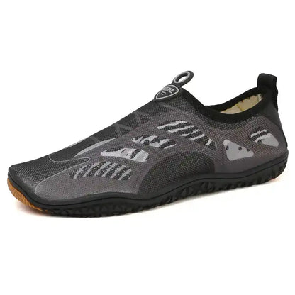 Unisex barefoot shoe, dark gray slip-on knit upper with abstract gray print