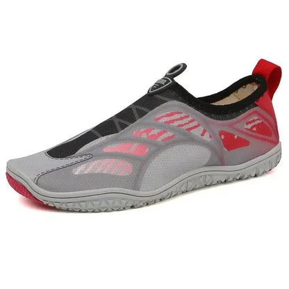 Unisex barefoot shoe, light gray knit upper with red graphic and red heel panel