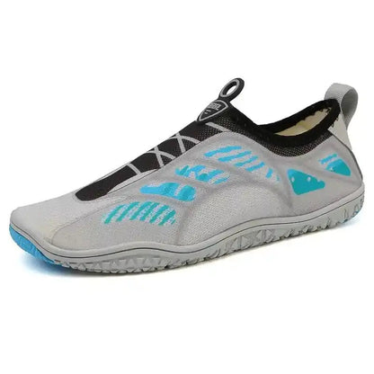 Unisex barefoot shoe, light gray knit upper with turquoise print and black trim