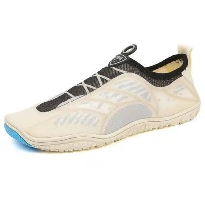 Unisex barefoot shoe, cream knit upper with black accents and blue side outsole