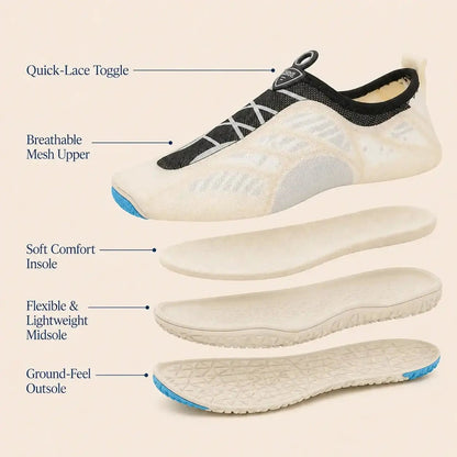 Unisex barefoot shoe, cream slip-on knit upper with blue trim and grippy outsole