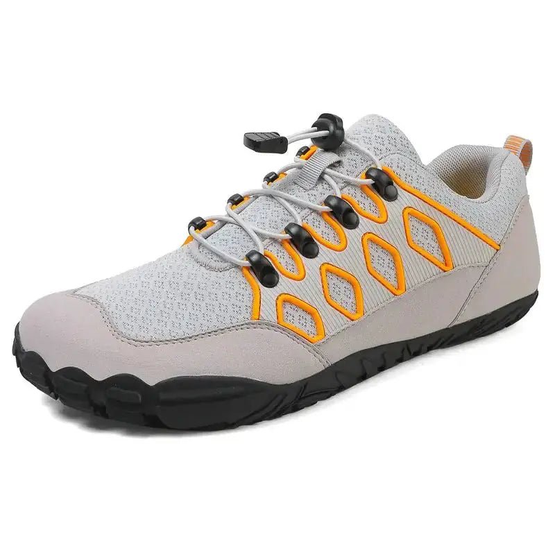 Light gray mesh barefoot shoe with orange accents and black rubber sole