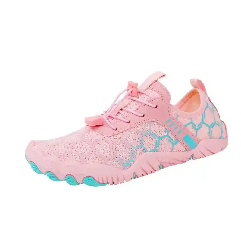 Pink barefoot shoe with lace-up closure and teal hex-pattern mesh upper.