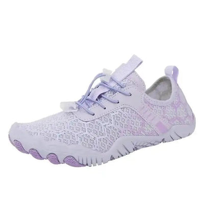 Light lavender barefoot shoe with lace-up closure and purple hex-pattern outsole.