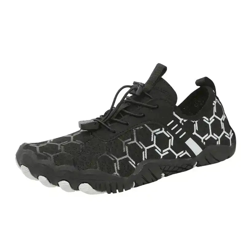 Black barefoot shoe with lace-up closure and white hex-pattern knit upper.