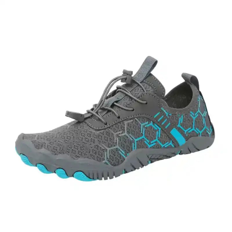 Gray barefoot shoe with lace-up closure and blue hex-pattern knit upper.