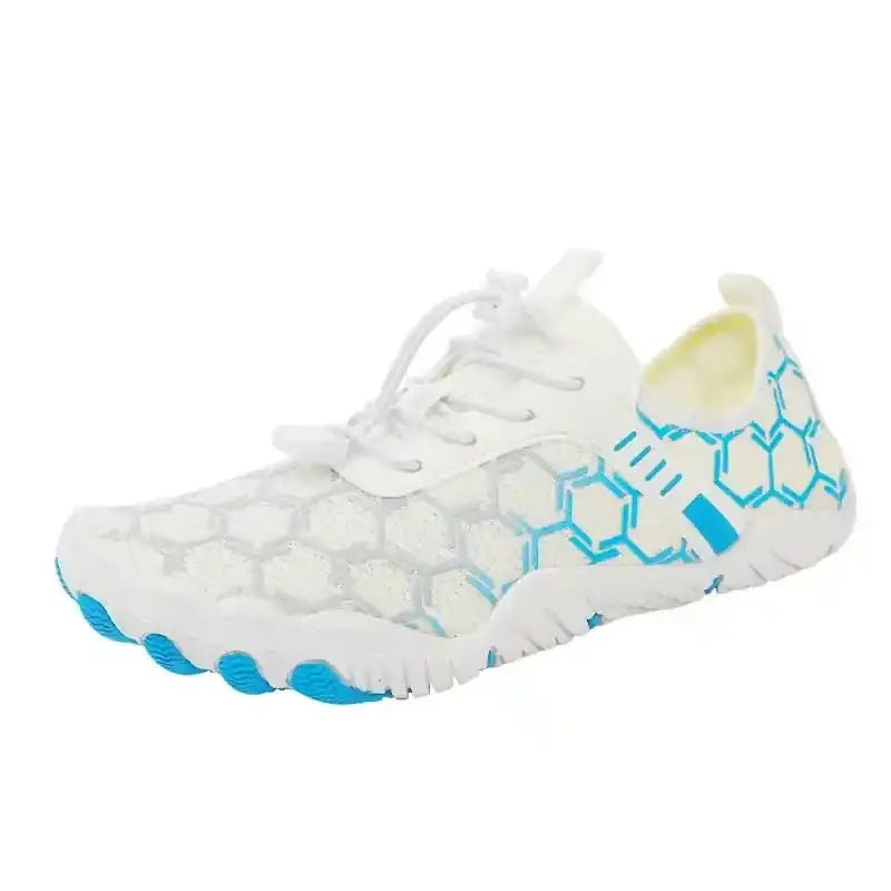 White barefoot shoe with breathable mesh upper and blue hex-pattern side panels.