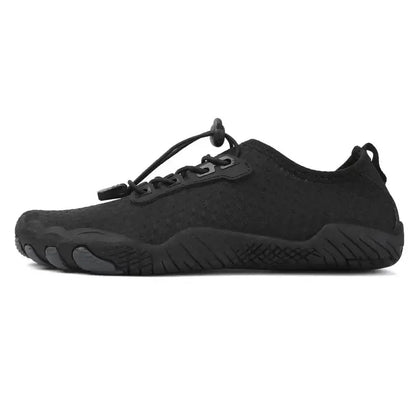 Black mesh barefoot shoe with lace-up and thick black traction sole