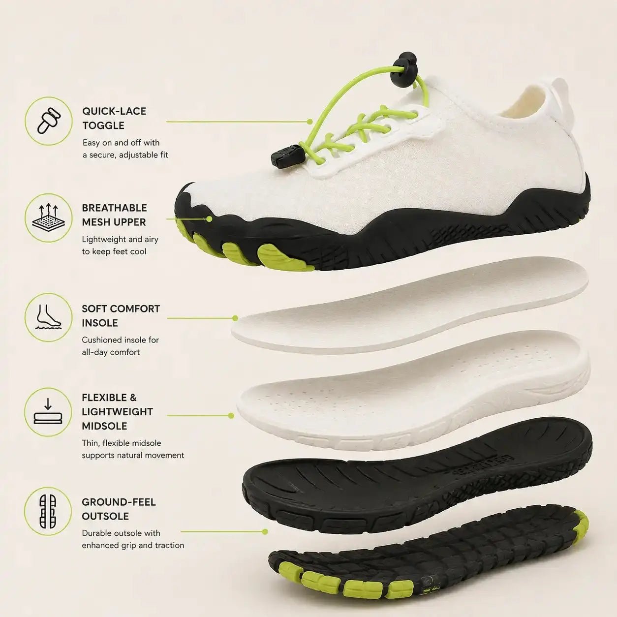 White mesh barefoot shoe with lace-up, black sole, and neon green accents
