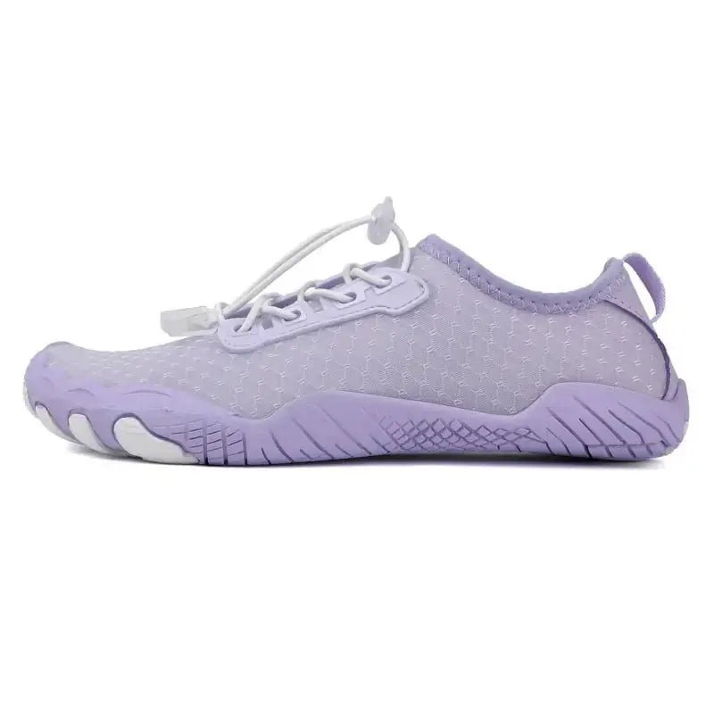 Purple mesh barefoot shoe with lace-up and white rubber sole