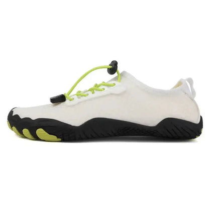 White mesh barefoot shoe with lace-up, black sole, and green trim