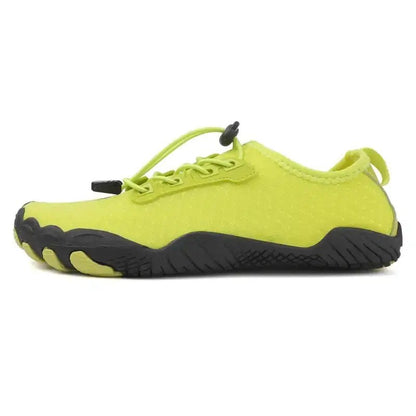 Neon green breathable barefoot shoe with lace-up and black traction sole