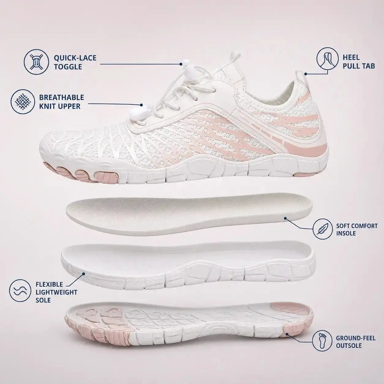 White barefoot shoe shown with flexible sole and insole cutaway diagram.
