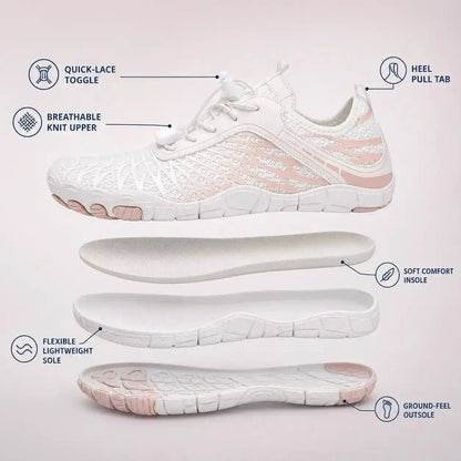 White barefoot shoe shown with flexible sole and insole cutaway diagram.