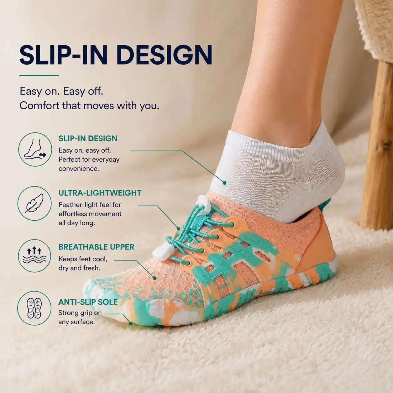 Unisex barefoot shoe with coral knit upper, teal laces and low-profile anti-slip sole