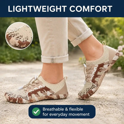 Unisex barefoot lace-up shoes, cream knit with brown abstract pattern