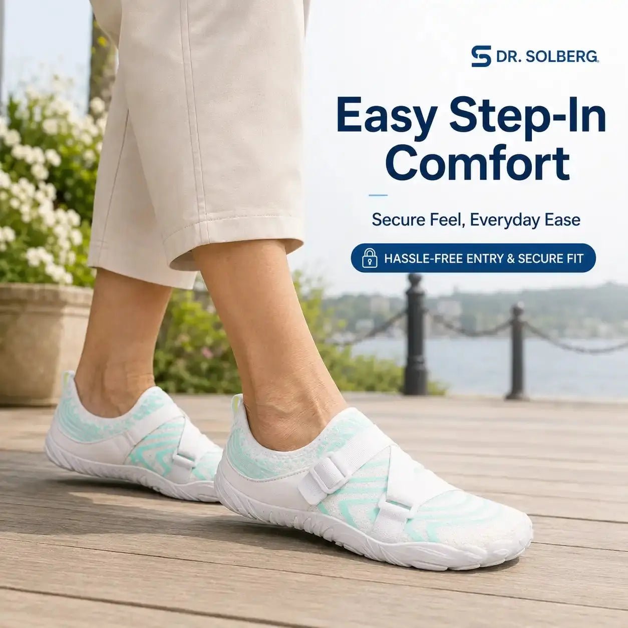 Light blue slip-on barefoot shoe with white strap and lightweight grippy sole